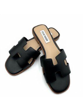 Steve Madden Black Leather Slide Sandals Size 6.5 Square Toe Slip-On Casual Shoe